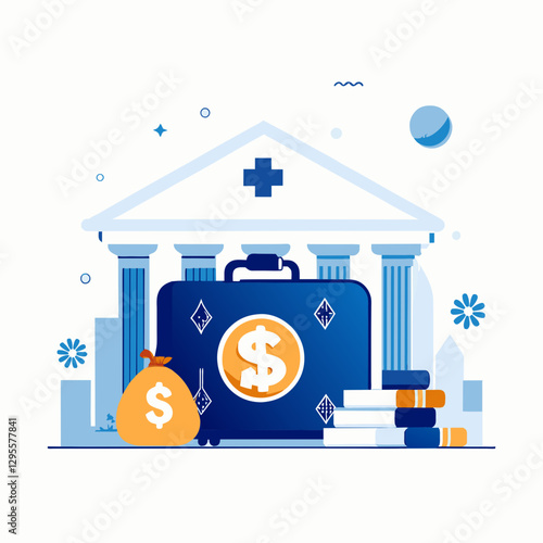 Healthcare financial services building with a briefcase and money bag. Static presentation of financial instruments with a city scape background.