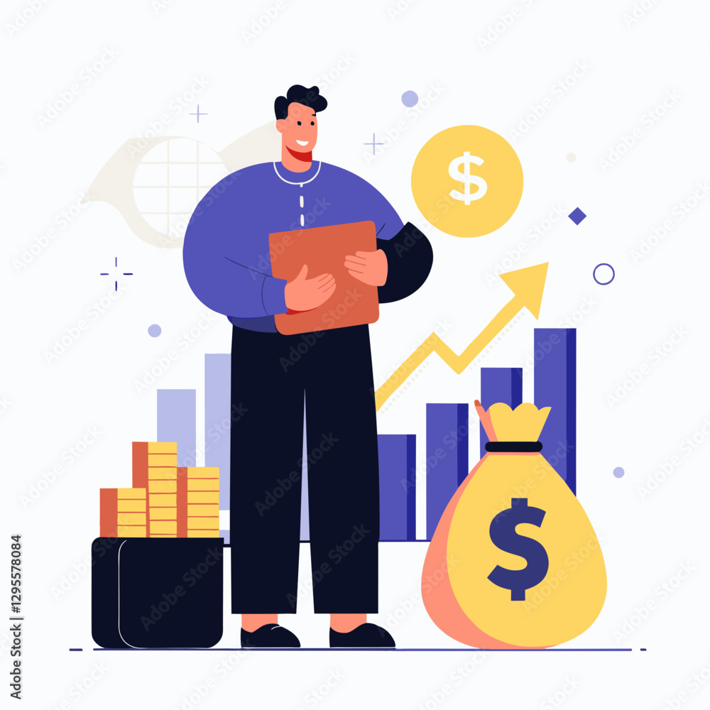 Smiling man in a purple shirt and black pants holding a folder, standing in front of financial charts and a money bag, demonstrating business success in a modern office setting. Smiling man in a purple shirt and black pants holding a folder, standing in front of financial charts and a money bag, demonstrating business success in a modern office setting.