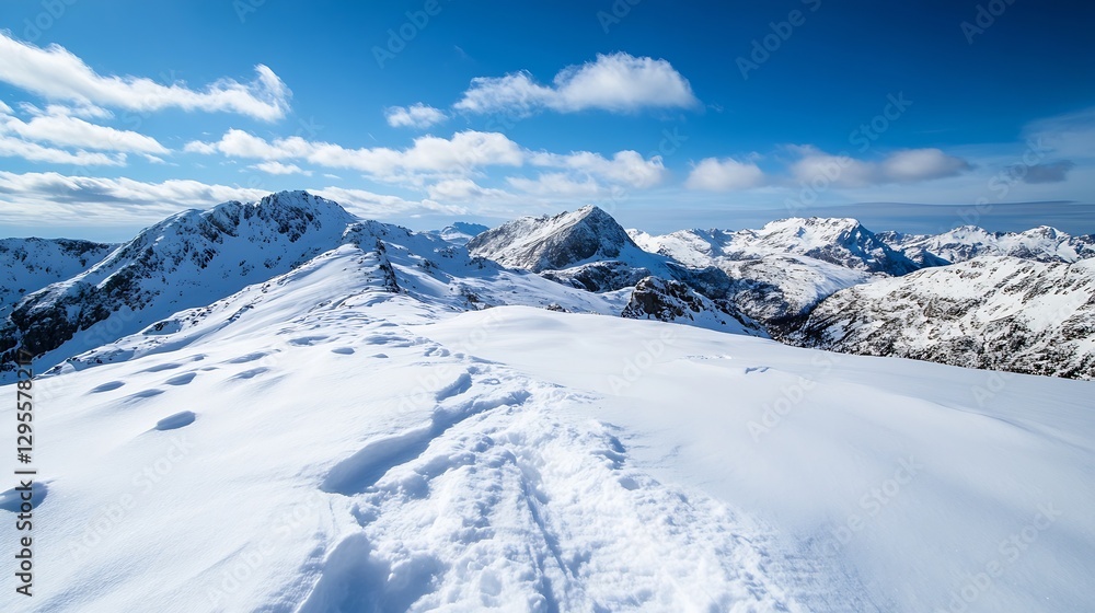 Stunning panoramic view of snowcovered mountains under a bright blue sky : Generative AI