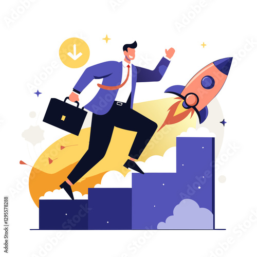 A male professional in a blue suit and tie, carrying a briefcase, is running up steps propelled by a rocket, signifying career advancement and success in a modern business setting.