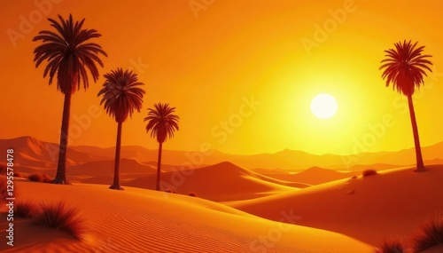 Desert landscape with palm trees against a bright orange sky, vast_expertise, warm_light