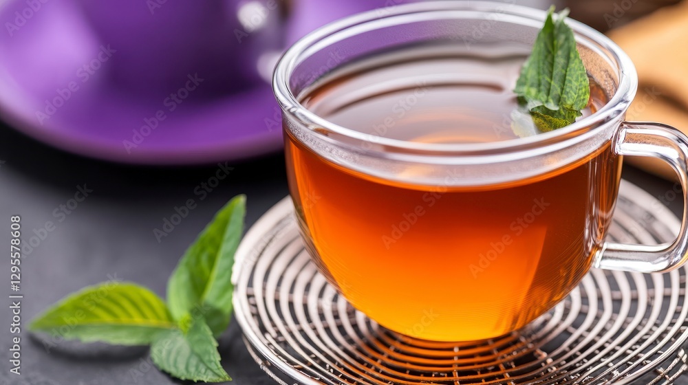 Fresh Herbal Tea in Clear Glass Cup with Mint Leaves Decoration Fresh Herbal Tea in Clear Glass Cup with Mint Leaves Decoration