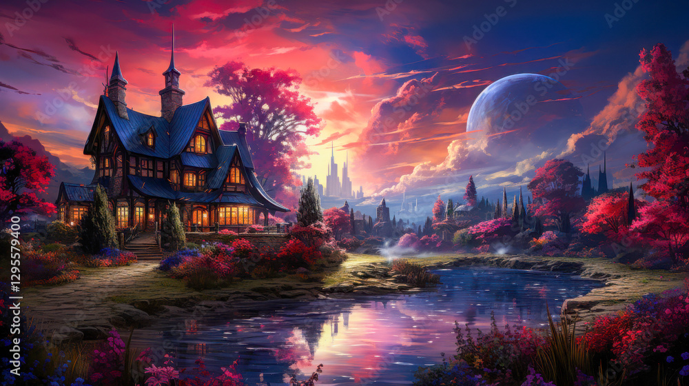 Obraz premium Charming house illuminated in the garden surrounded by vibrant foliage and enchanting evening landscape