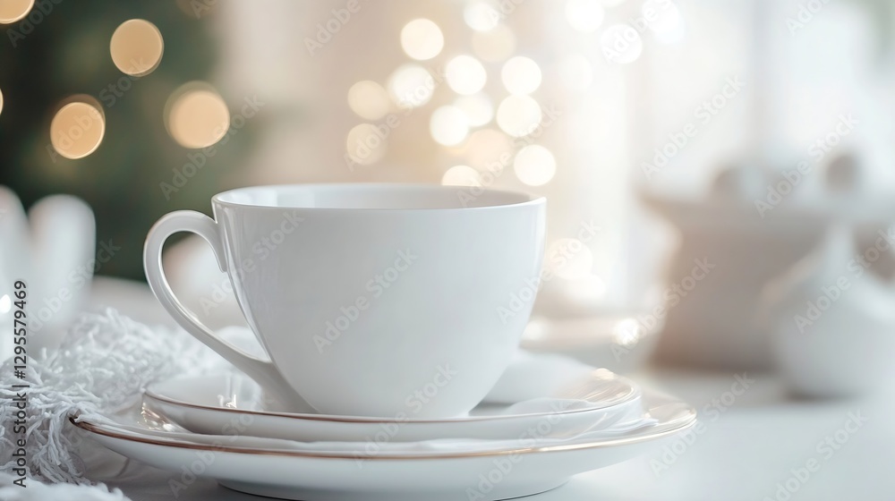 Elegant White Cup and Saucer Set Amidst Soft Focus Bokeh for Cozy Beverage Moments : Generative AI
