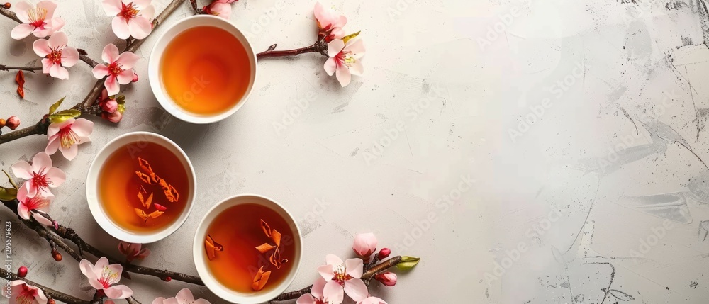 Cherry blossom branches with berries and petals on a colorful background. Flat lay composition with copy space. Chinese New Year celebration concept. Top down aerial view of pink flower petal. AIG55. Cherry blossom branches with berries and petals on a colorful background. Flat lay composition with copy space. Chinese New Year celebration concept. Top down aerial view of pink flower petal. AIG55.