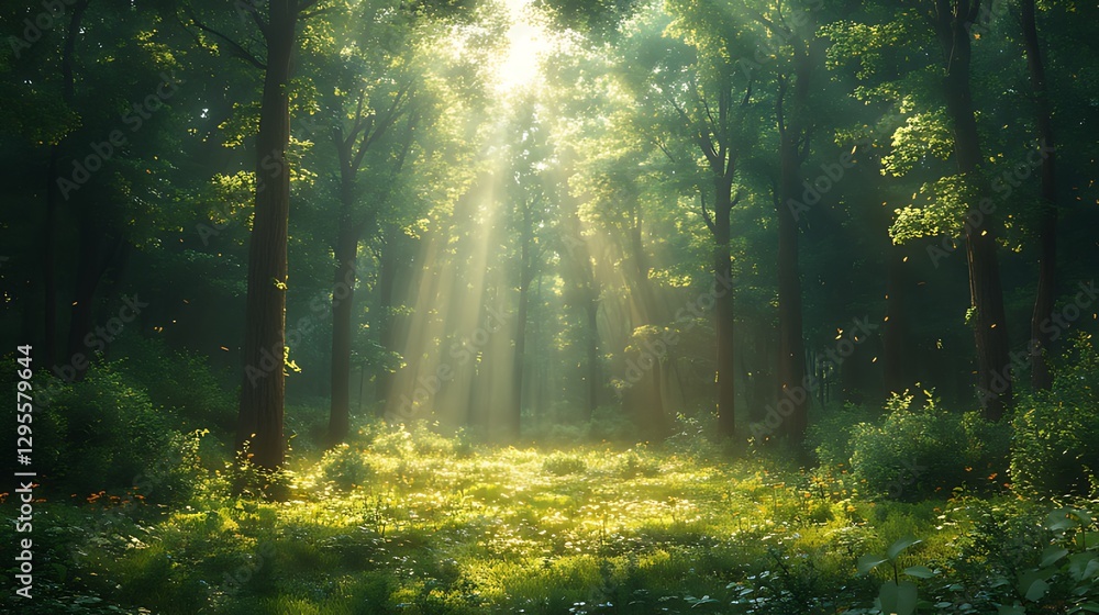 Obraz premium Sunbeams illuminate misty forest path, nature background, idyllic scene