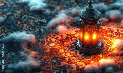 Ornate lantern glows on rug amidst smoky clouds, spiritual ambiance