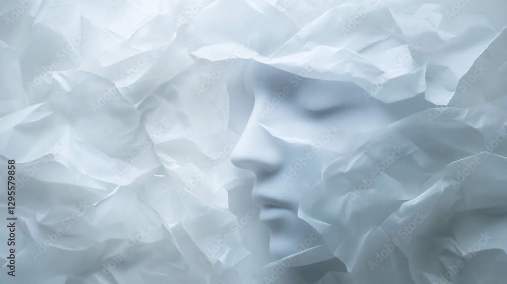 Fototapeta premium A tranquil expression molded face surrounded by crumpled white paper : Generative AI