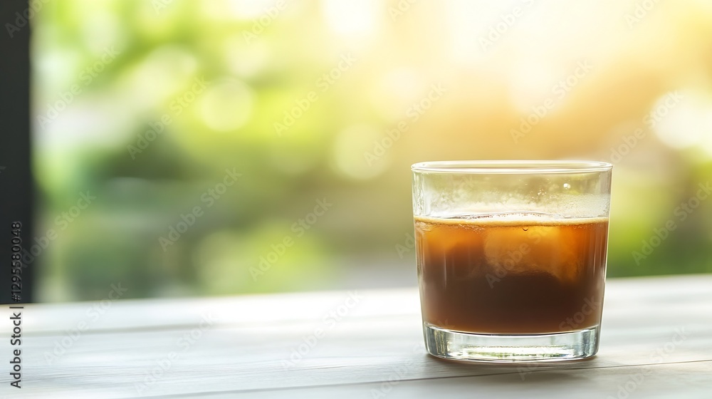 Refreshing glass of iced coffee on a wooden table in natural light with a vibrant outdoor background : Generative AI Refreshing glass of iced coffee on a wooden table in natural light with a vibrant outdoor background : Generative AI