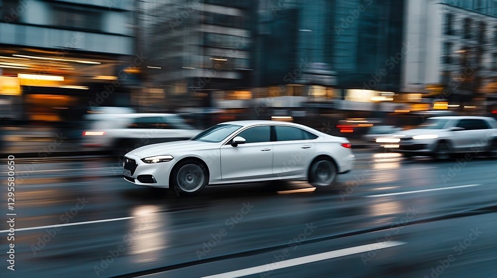 Fototapeta premium Dynamic motion shot of a sleek white car speeding through a city street capturing the essence of urban life : Generative AI