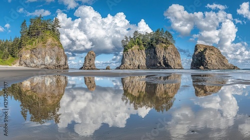 Coastal Rock Formations Reflecting in Calm Ocean Waters Under a Blue Sky with Puffy Clouds