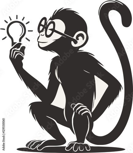 Canvas Print Thoughtful monkey character holding a light bulb, symbolizing creativity and inn