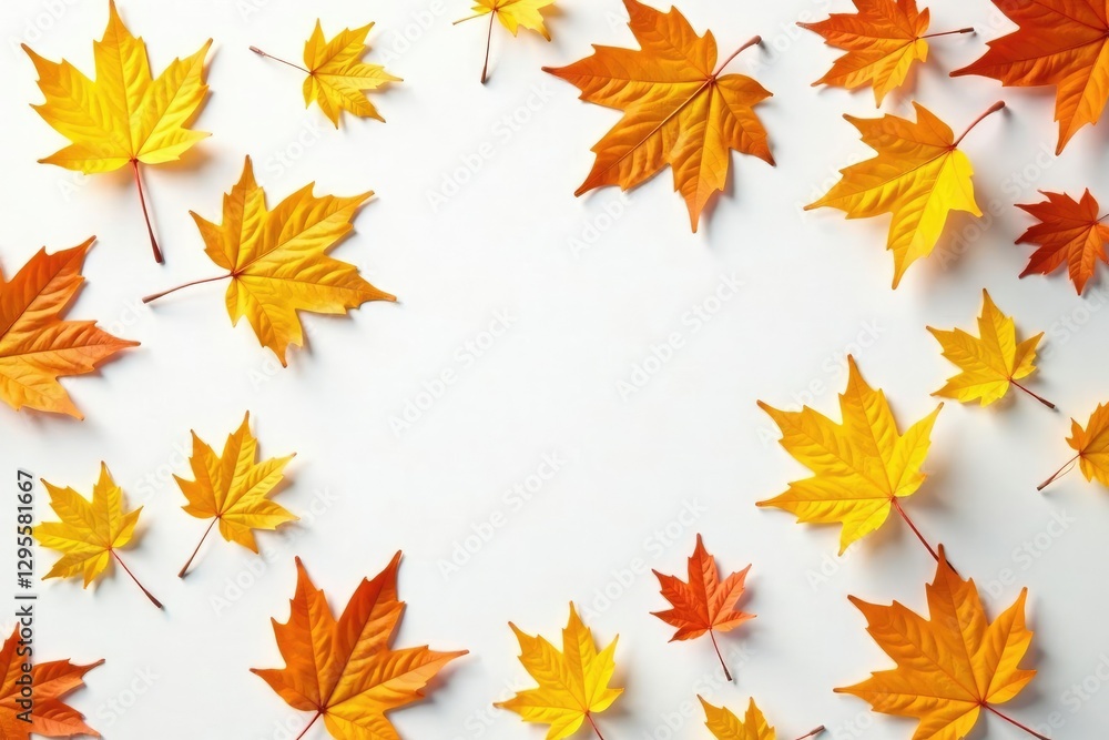 Golden maple leaves scattered on a pristine white surface, fall foliage, natural scene, autumn leaves Golden maple leaves scattered on a pristine white surface, fall foliage, natural scene, autumn leaves