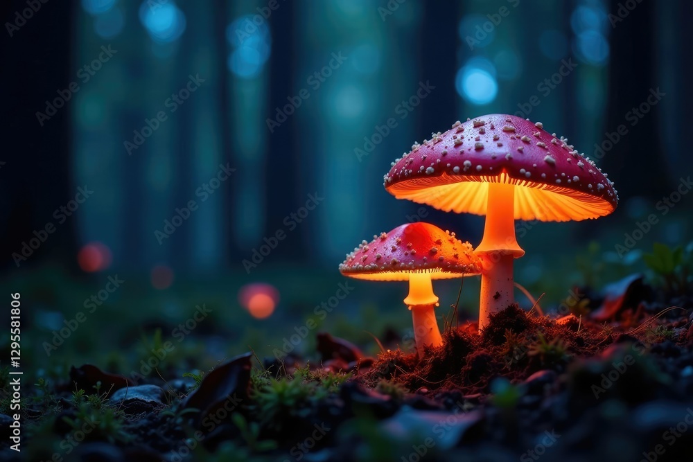 Fototapeta premium Luminescent mushroom caps shining in the dark forest, night, forest, nature