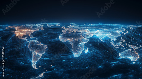 Digital world map visualization with glowing blue network connections against dark background. Concept of global connectivity, data transfer, and international communication