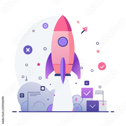 Pink rocket launching with abstract background. Startup company taking off with a bright, creative launch illustration. Business concept. modern design -
