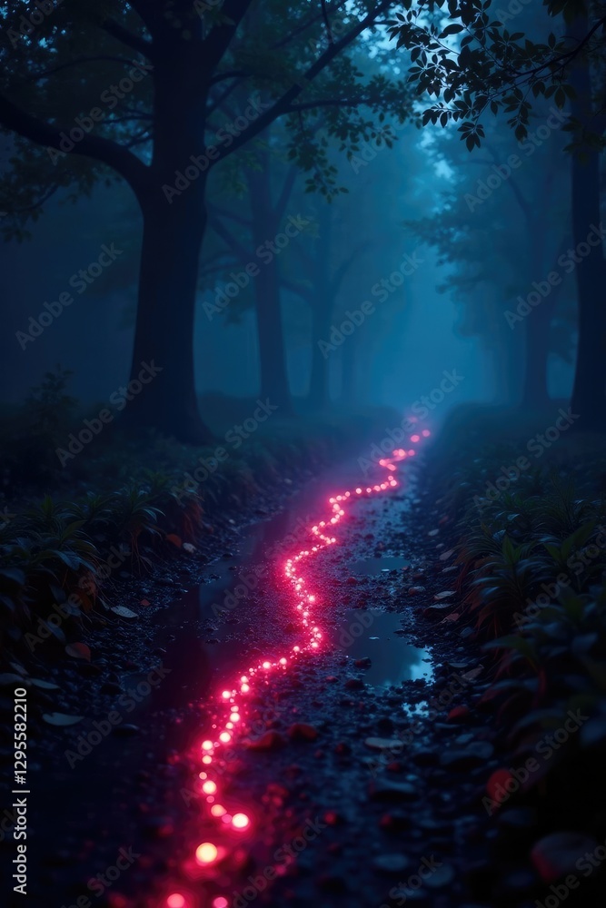 Fototapeta premium Luminous tendrils of light trail through dark surroundings, hazy, misty, nighttime