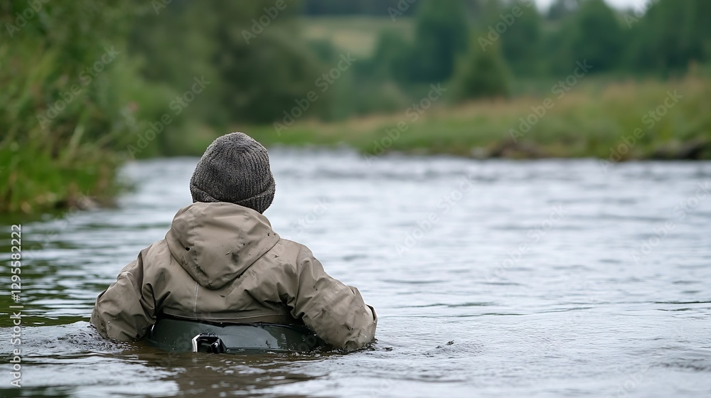 Man wading through calm river surrounded by green nature : Generative AI Man wading through calm river surrounded by green nature : Generative AI