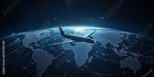 Conceptual design showcasing global logistics services with interconnected sea, land, and air transport methods, minimalistic lines, and abstract world map in the background.