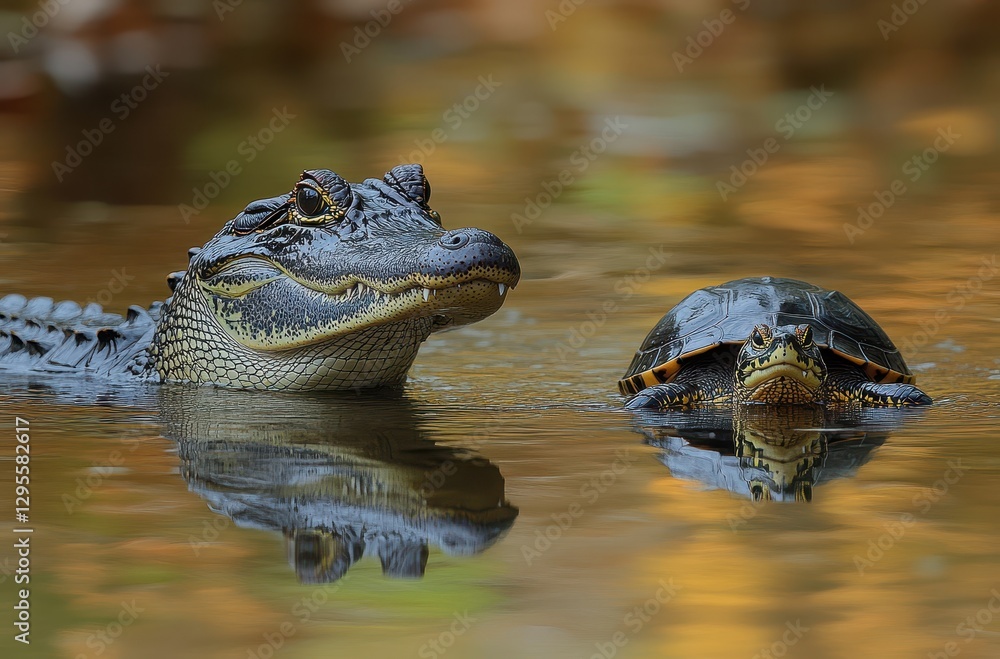 Fototapeta premium Close View of a Crocodile and a Turtle Swimming Together in a Calm Water Body Surrounded by Natural Scenery and Soft Reflections of Colors