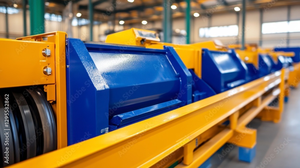 Fototapeta premium Industrial Machinery with Blue and Yellow Components in Warehouse Setting