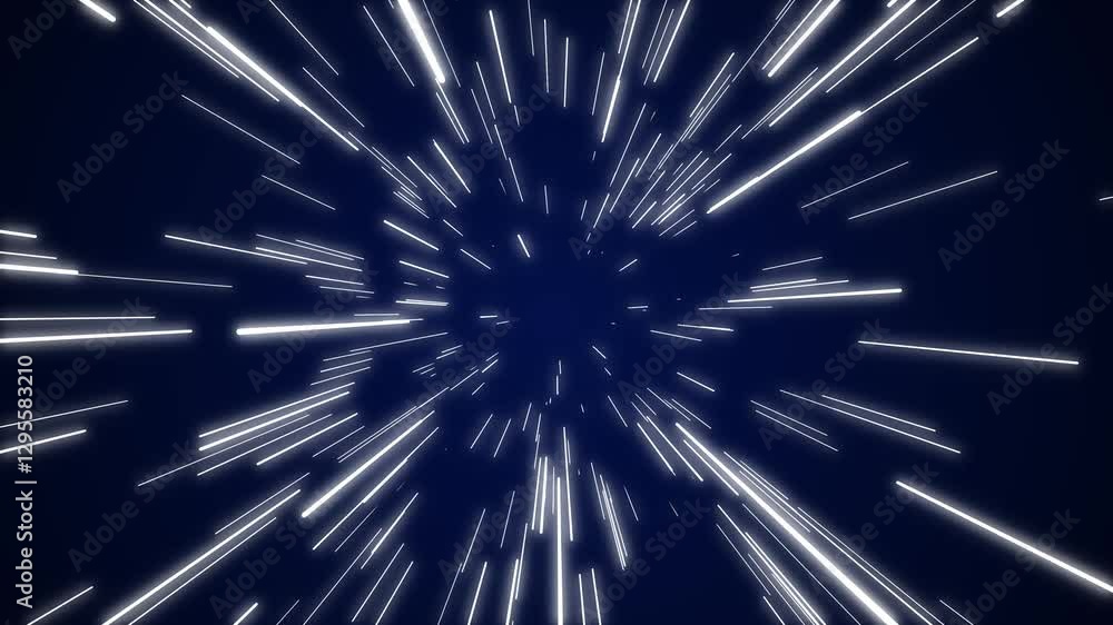 Abstract digital art depicting a hyperspace jump with bright white streaks radiating from a central point against a dark blue background.