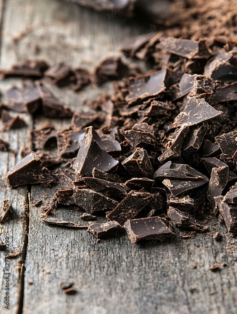 Closeup view of finely chopped dark chocolate pieces scattered on a wooden surface : Generative AI Closeup view of finely chopped dark chocolate pieces scattered on a wooden surface : Generative AI