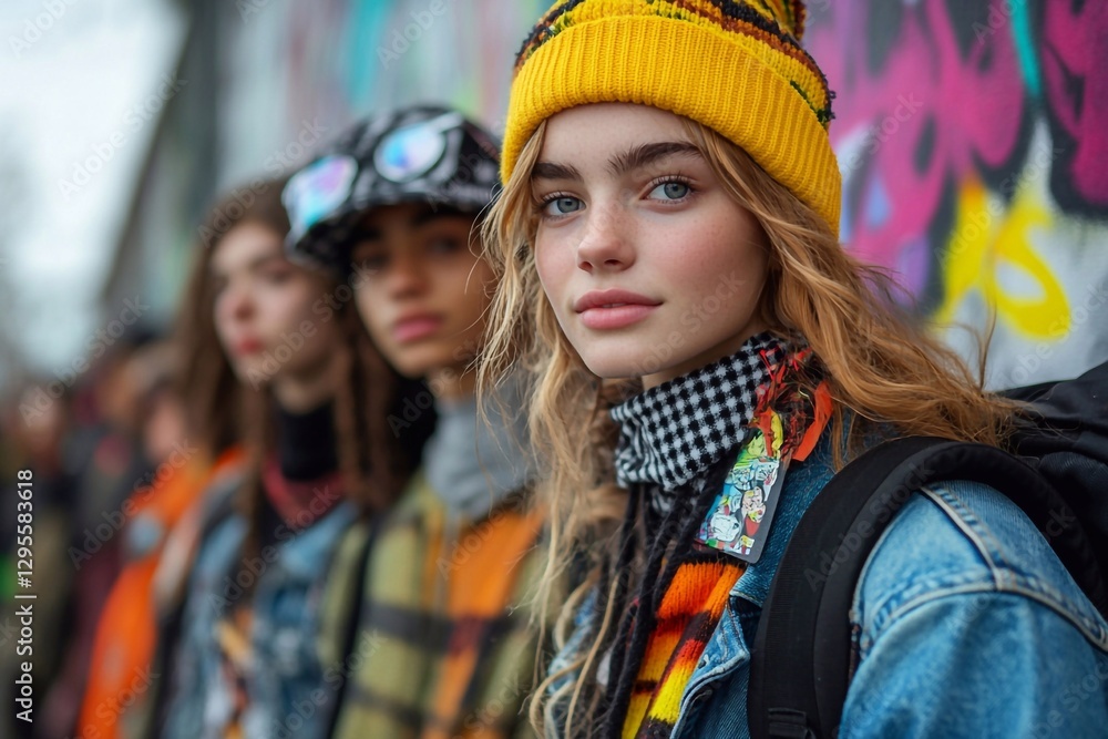 A group of teenagers hanging out in an urban park, all dressed in streetwear. One person is wearing a neon yellow beanie, paired with black and white checkered socks and a denim jacket. They are carry A group of teenagers hanging out in an urban park, all dressed in streetwear. One person is wearing a neon yellow beanie, paired with black and white checkered socks and a denim jacket. They are carry