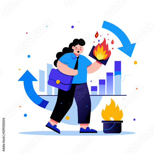 Businesswoman in blue shirt and pants displays a burning document in an office setting. Showing declining figures, businesswoman distraught about project failure.