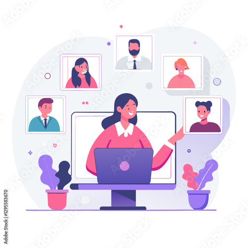 Young professional woman in a pink blouse participates in a video conference with colleagues, showing engagement in a modern home office setting.