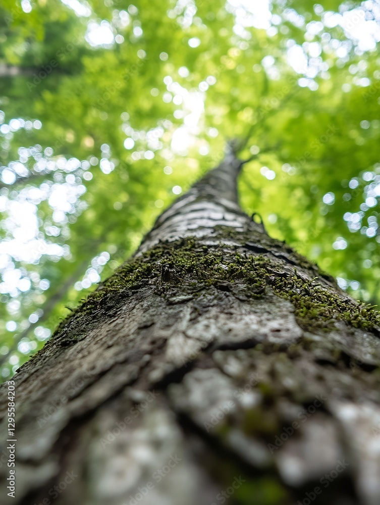 Imposing Perspective of Tall Tree Trunk Covered with Green Moss in a Dense Forest : Generative AI Imposing Perspective of Tall Tree Trunk Covered with Green Moss in a Dense Forest : Generative AI
