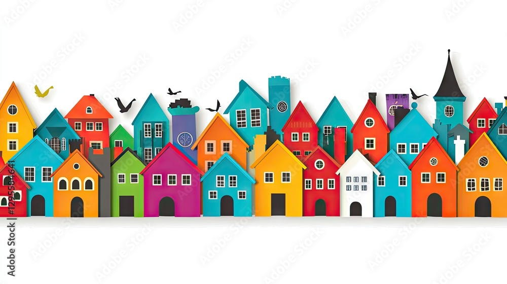 Colorful paper houses Halloween town skyline illustration, website banner Colorful paper houses Halloween town skyline illustration, website banner