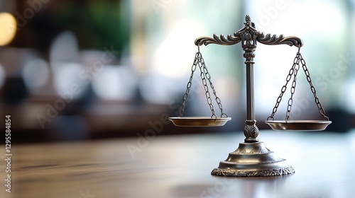 Vintage styled balance scales symbolizing justice and law placed on a wooden surface in an elegant setting : Generative AI photo