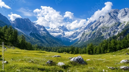 Wallpaper Mural Breathtaking alpine landscape with green meadows and majestic snowcapped mountains : Generative AI Torontodigital.ca