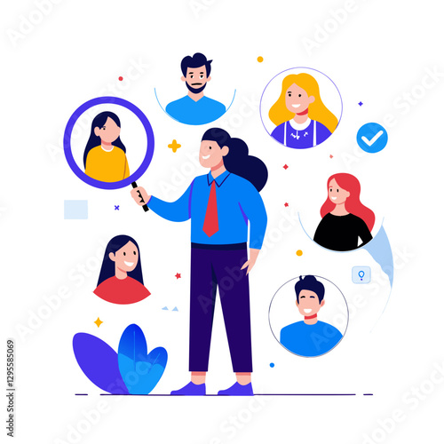 Female HR professional examining a potential candidate profile in a modern office setting. A female recruiter in a corporate environment reviews applicant details.