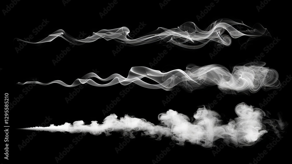 Expansive arrangement of swirling smoke and steam clouds on a dark background for dramatic, atmospheric visual designs Expansive arrangement of swirling smoke and steam clouds on a dark background for dramatic, atmospheric visual designs