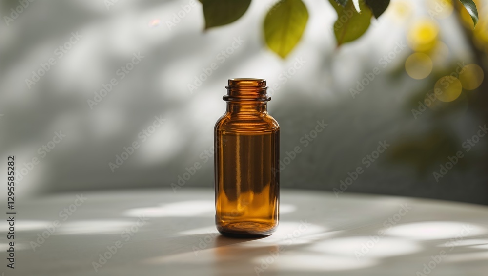 Glass bottle reflecting sunlight surrounded by soft shadows and greenery in a serene setting Glass bottle reflecting sunlight surrounded by soft shadows and greenery in a serene setting