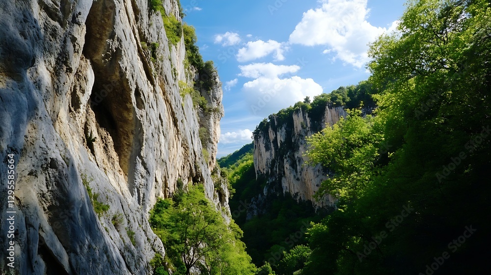 Stunning view of steep cliffs and lush green vegetation under a bright blue sky : Generative AI
