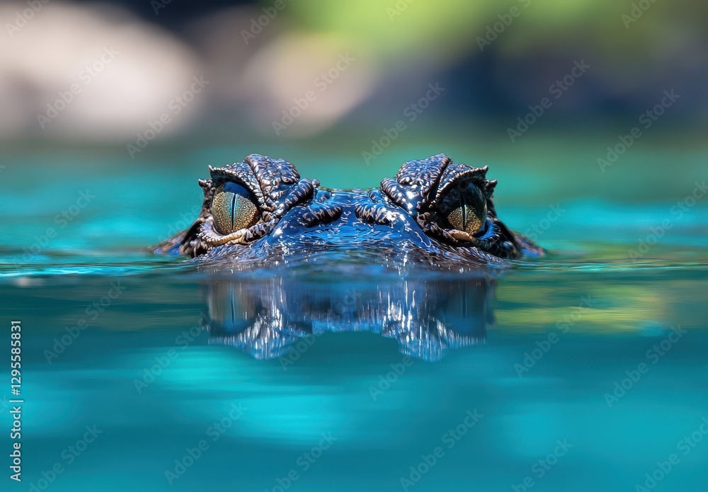 Fototapeta premium Close-Up of a Crocodile Emerging from Water with Intense Eyes and Serene Blue Background Capturing the Beauty of Wild Animal Behavior in Nature