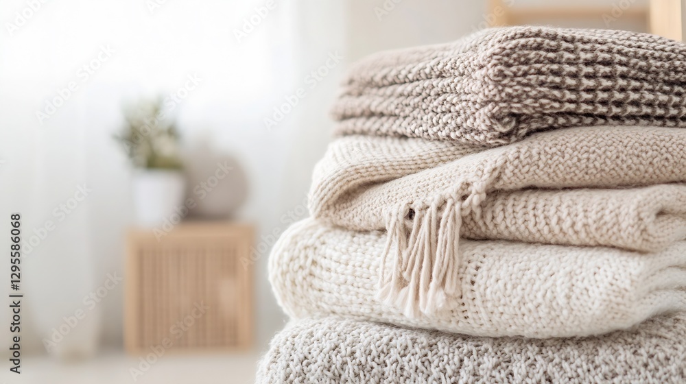 Stylish Neatly Folded Knit Blankets in Soft Neutral Tones at Home : Generative AI Stylish Neatly Folded Knit Blankets in Soft Neutral Tones at Home : Generative AI
