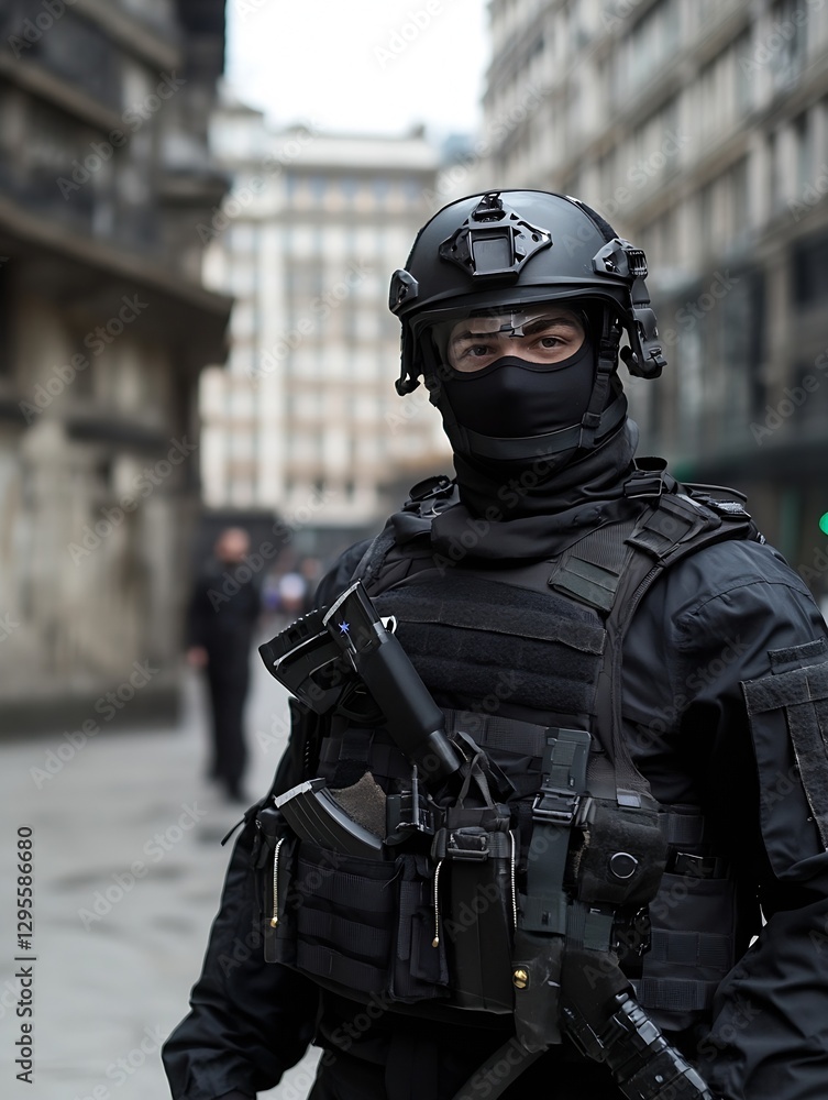 Dedicated tactical officer in full gear standing confidently on city streets ready for action : Generative AI Dedicated tactical officer in full gear standing confidently on city streets ready for action : Generative AI