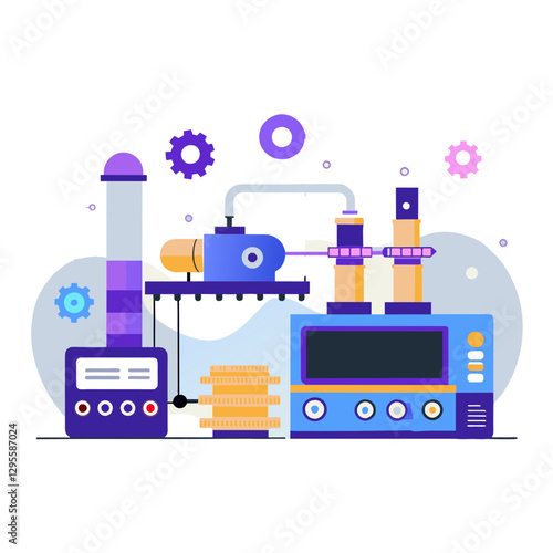 Automated manufacturing process with colorful machinery in a sterile industrial setting. Components are being processed and assembled on a production line in a modern factory.