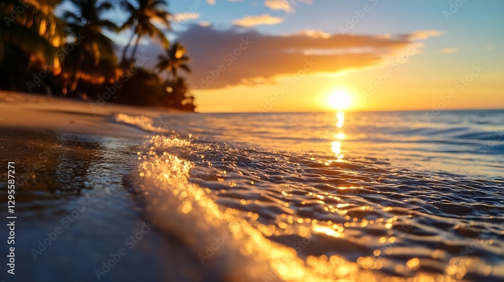 Naklejka premium The golden sunset reflecting off gentle ocean waves and sandy beach lined with palm trees : Generative AI