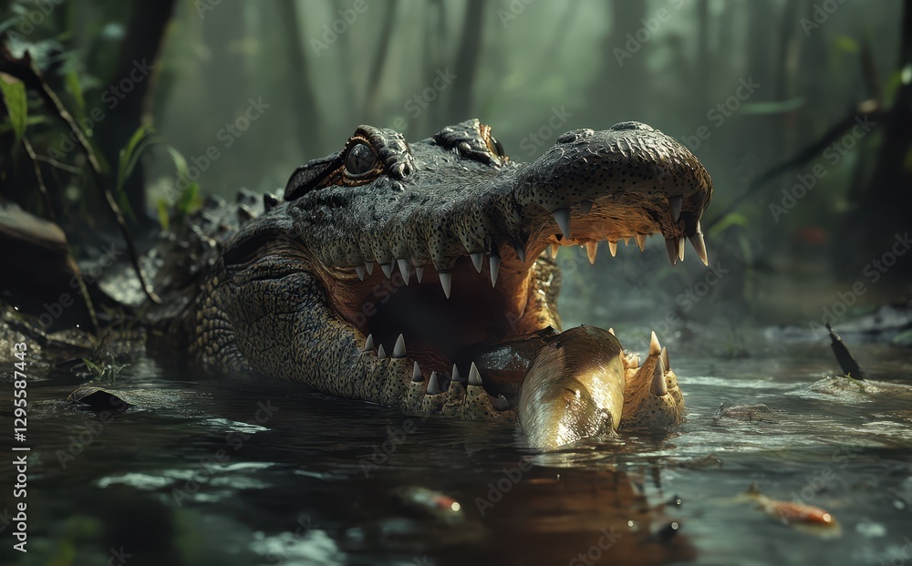 Fototapeta premium Close-Up of a Crocodile with Open Mouth in Misty Swamp Holding a Fish Between Its Teeth Surrounded by Lush Green Vegetation and Soft Light