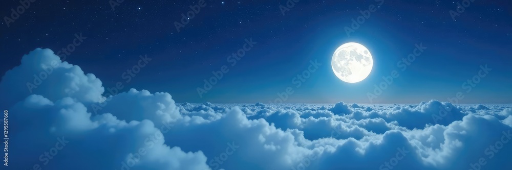 Obraz premium White clouds blanket the moonlit landscape under a starry night sky with an ethereal glow effect, lunar, misty, dreamlike