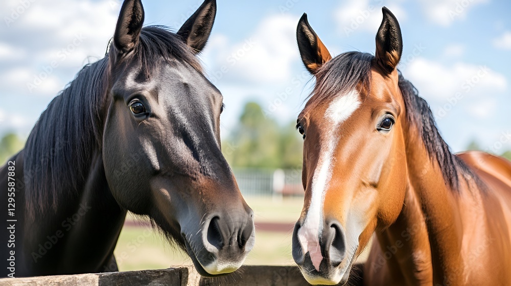 Fototapeta premium Close-Up Portrait of Two Beautiful Horses Showcasing Their Unique Features and Expressions : Generative AI