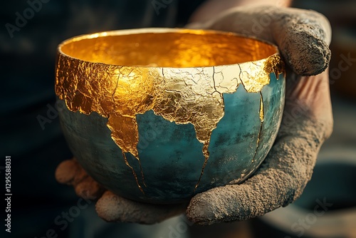 A Golden Ceramic Bowl Held by Hands Showing Repair Techniques