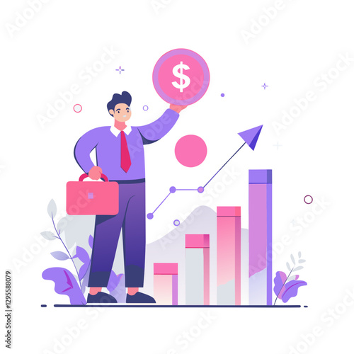 Businessman holding dollar sign with rising graph in background. Male professional in formal attire displaying financial success in office setting.