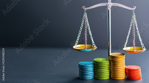 Wallpaper Mural A balance scale displays colorful coins, illustrating concepts of finance and justice. The dark background enhances focus on the symbol of equity and measurement. Torontodigital.ca