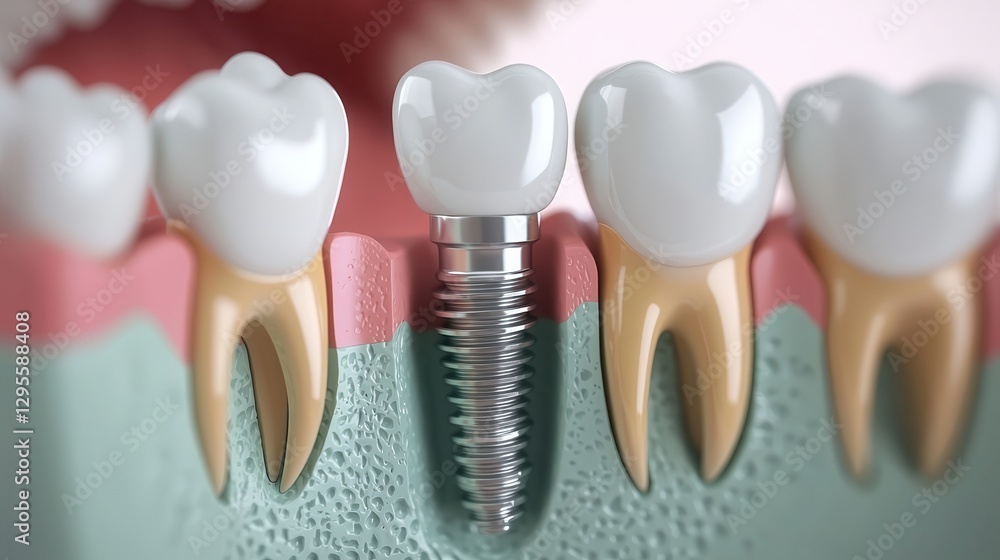 Oral care gum protection essential. Dental implant positioned between natural teeth in a model jaw. Oral care gum protection essential. Dental implant positioned between natural teeth in a model jaw.